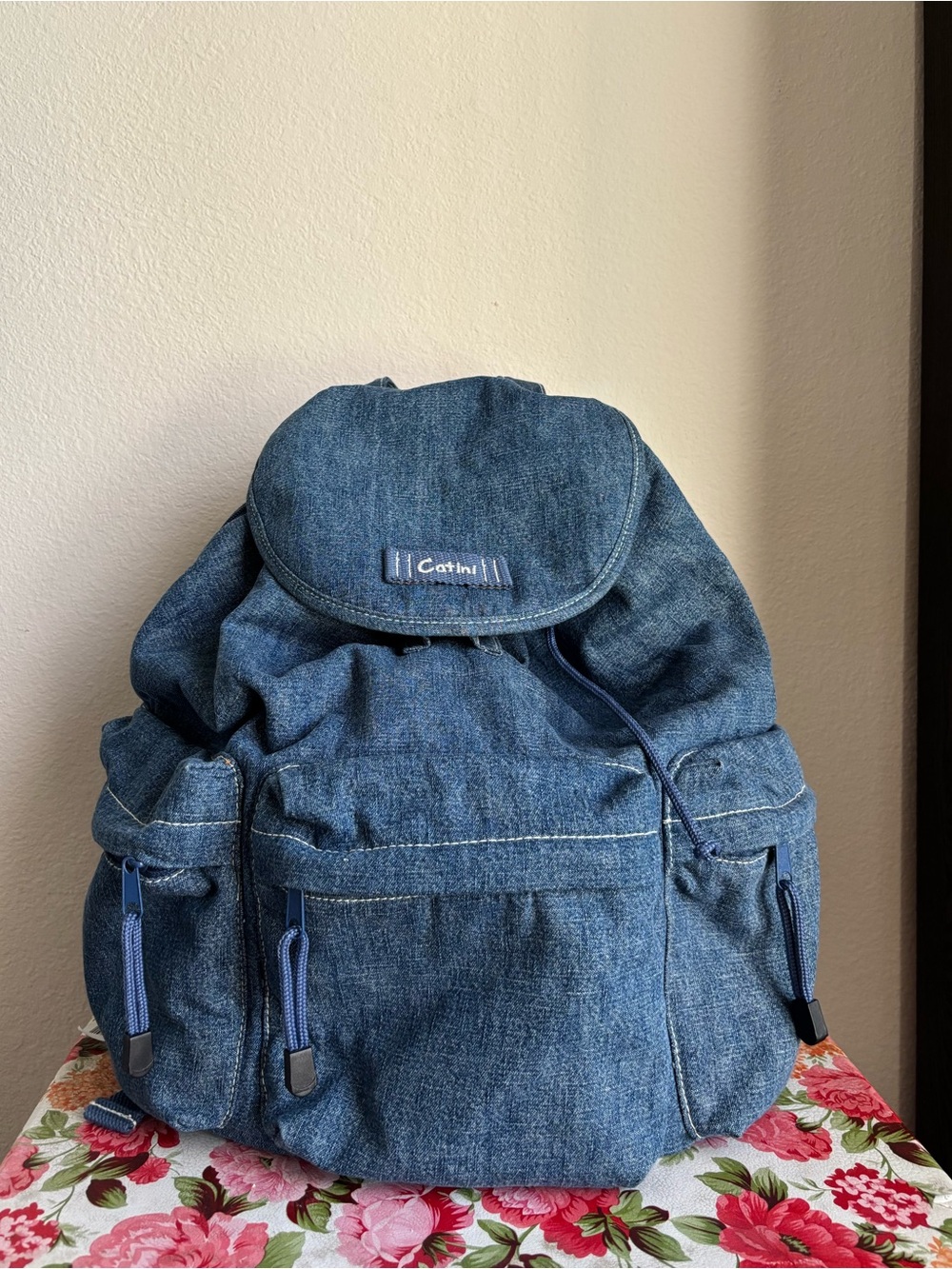Vintage Catini Blue Denim Drawstring Backpack Y2K Utility Rucksack